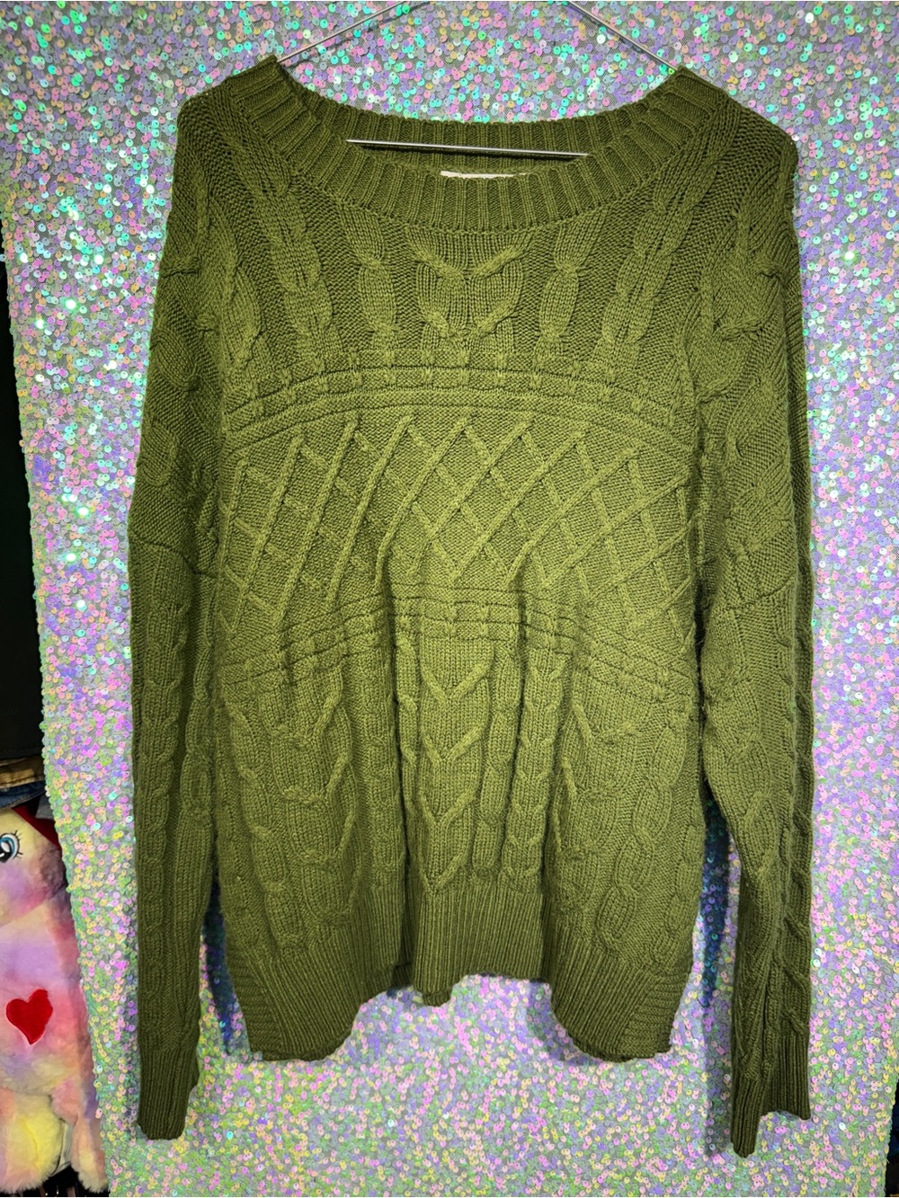 Time and Tru Olive Cable Knit Crewneck Sweater